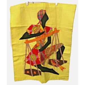 LA FOUGERE Signed HAITIAN Patchwork Applique Folk Art Flag Tapestry Fabric Decor